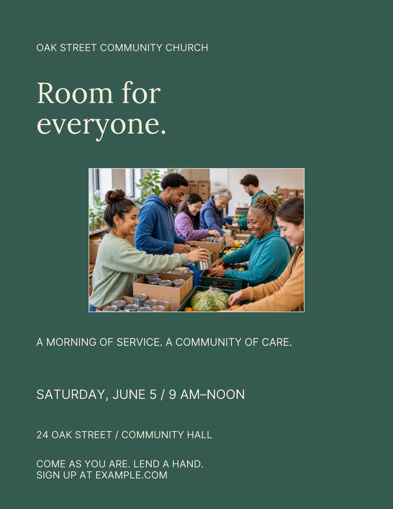 Portrait church flyer with green background, volunteer service photo, and event details for community outreach.