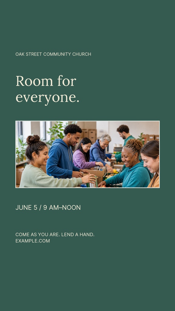 Portrait church story template with a community service photo and the words Room for everyone.