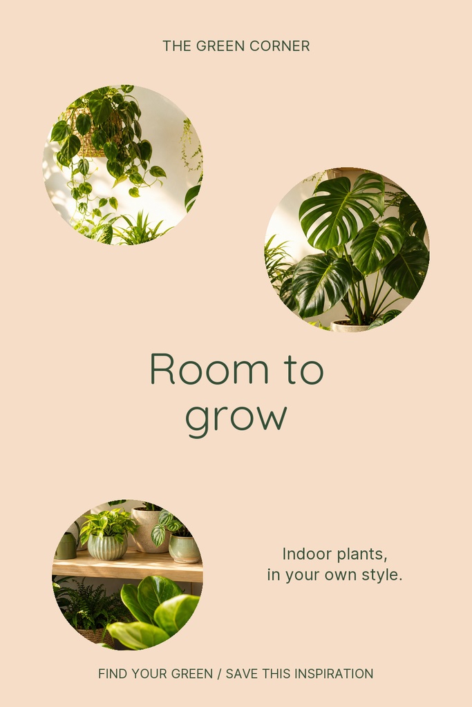 Portrait Pinterest pin template with three circular plant photos and the words Room to grow.