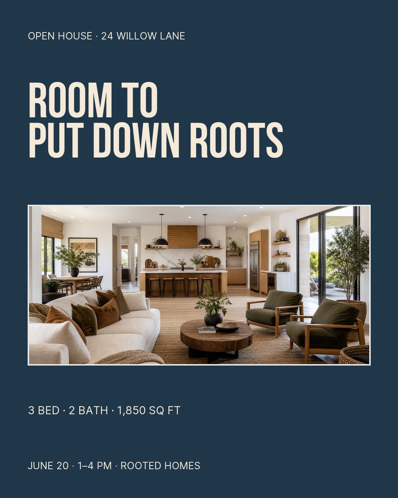 Portrait real estate post with open house details and a modern living room photo.