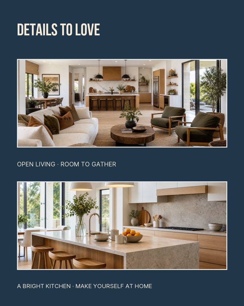 Portrait real estate carousel with living room and kitchen photos and bold headlines.