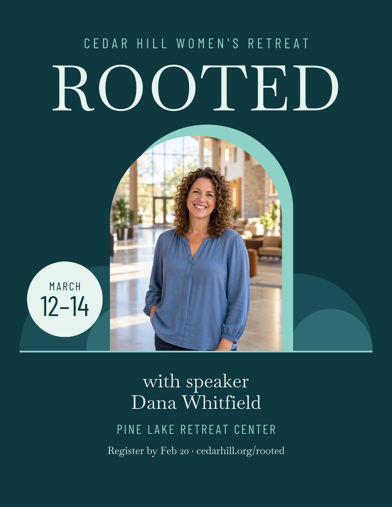 Portrait flyer for a women’s retreat featuring a smiling speaker and the title Rooted.