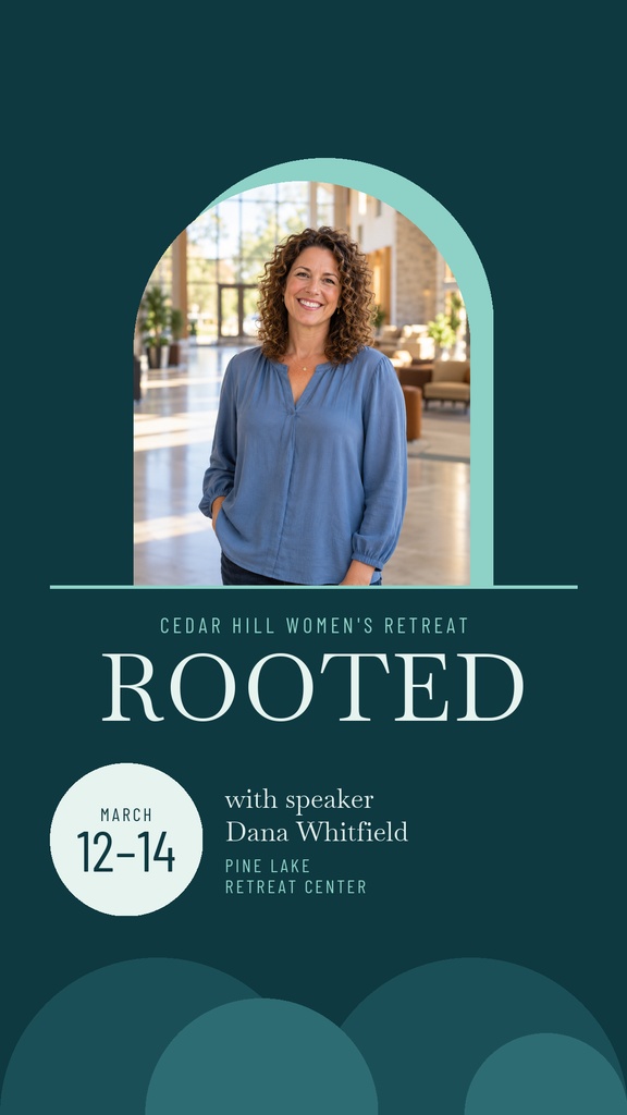 Instagram story template with a portrait photo, teal background, and text for Rooted Women’s Retreat.