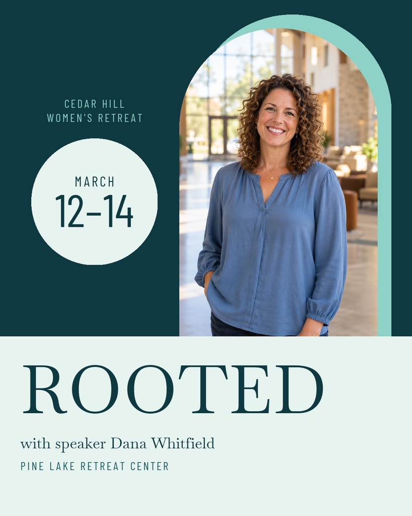 Portrait retreat flyer with smiling woman, dates, and bold Rooted headline.