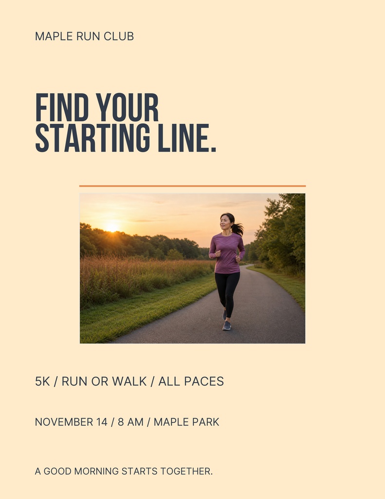 Portrait flyer for a running club featuring a runner on a park path at sunrise.