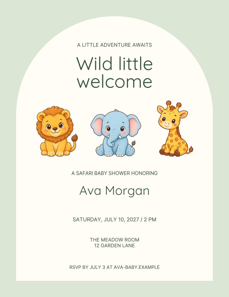 Portrait baby shower invitation with a lion, elephant, and giraffe on a sage background.