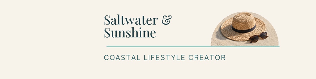 Minimal coastal banner with a straw hat, seashell, and Saltwater and Sunshine text.