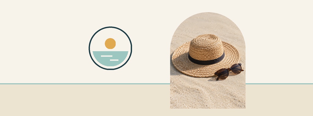 Minimal beach banner with a circular icon and a straw hat beside sunglasses on sand