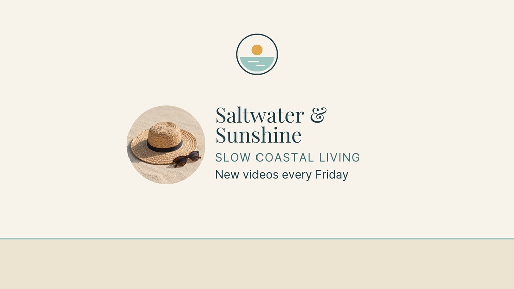 Minimal beige YouTube banner with a hat photo, small icon, and coastal text.
