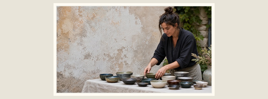 Woman arranging handmade pottery bowls on a table beside a rustic wall
