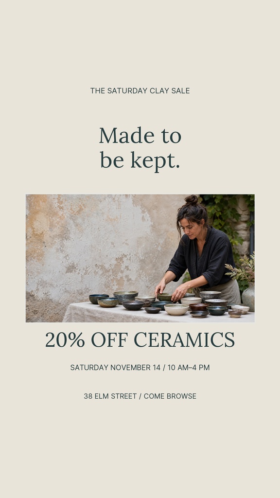 Portrait poster with pottery maker arranging ceramic bowls and text for The Saturday Clay Sale.