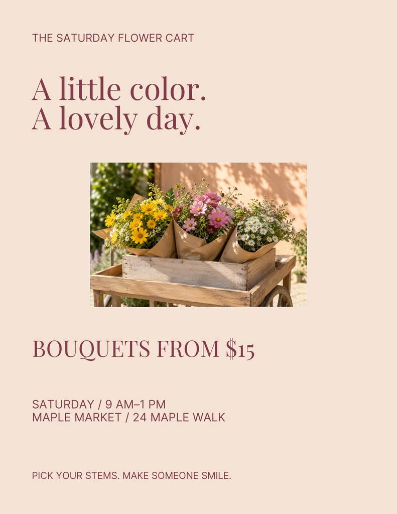 Portrait flyer with flower bouquets, market hours, and a bouquet sale message on a beige background.