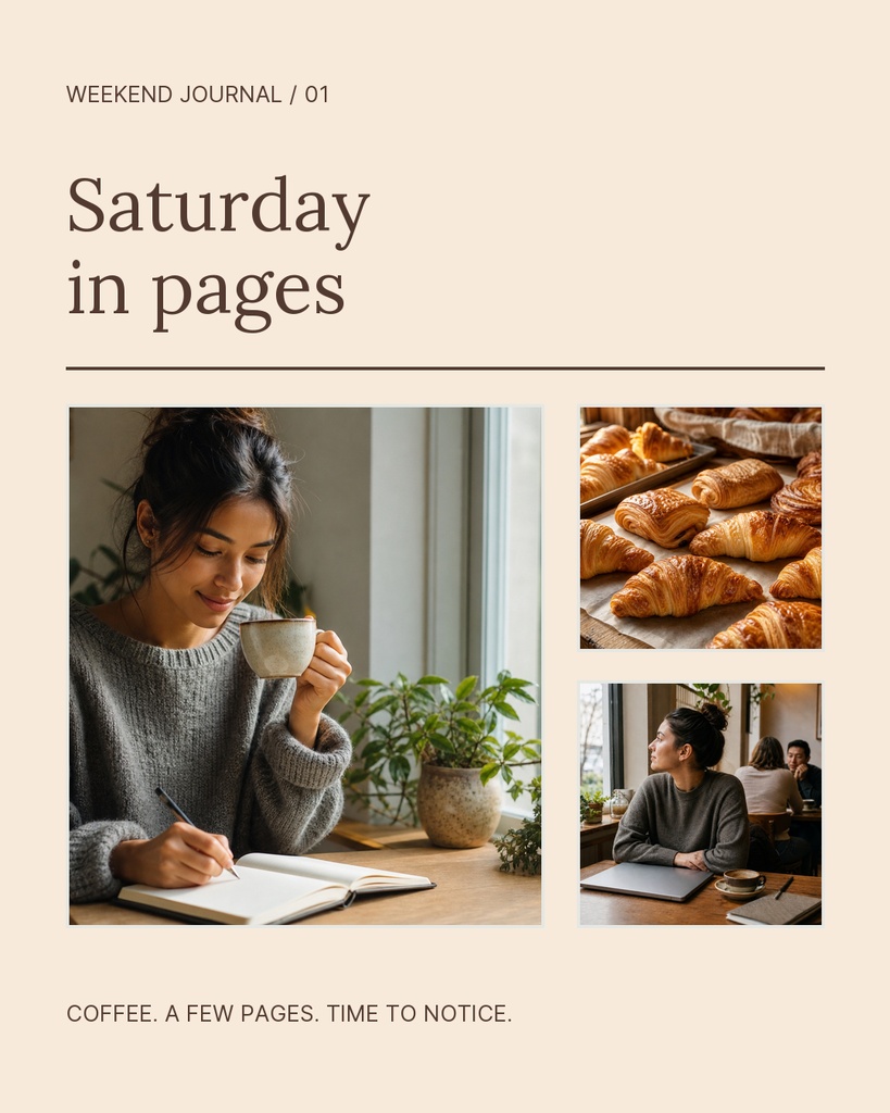 Portrait layout with a woman writing beside coffee and two smaller lifestyle photos.