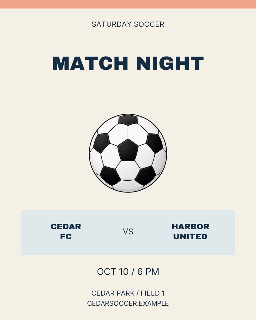 Portrait soccer poster with a ball, match night headline, and Cedar FC versus Harbor United details.