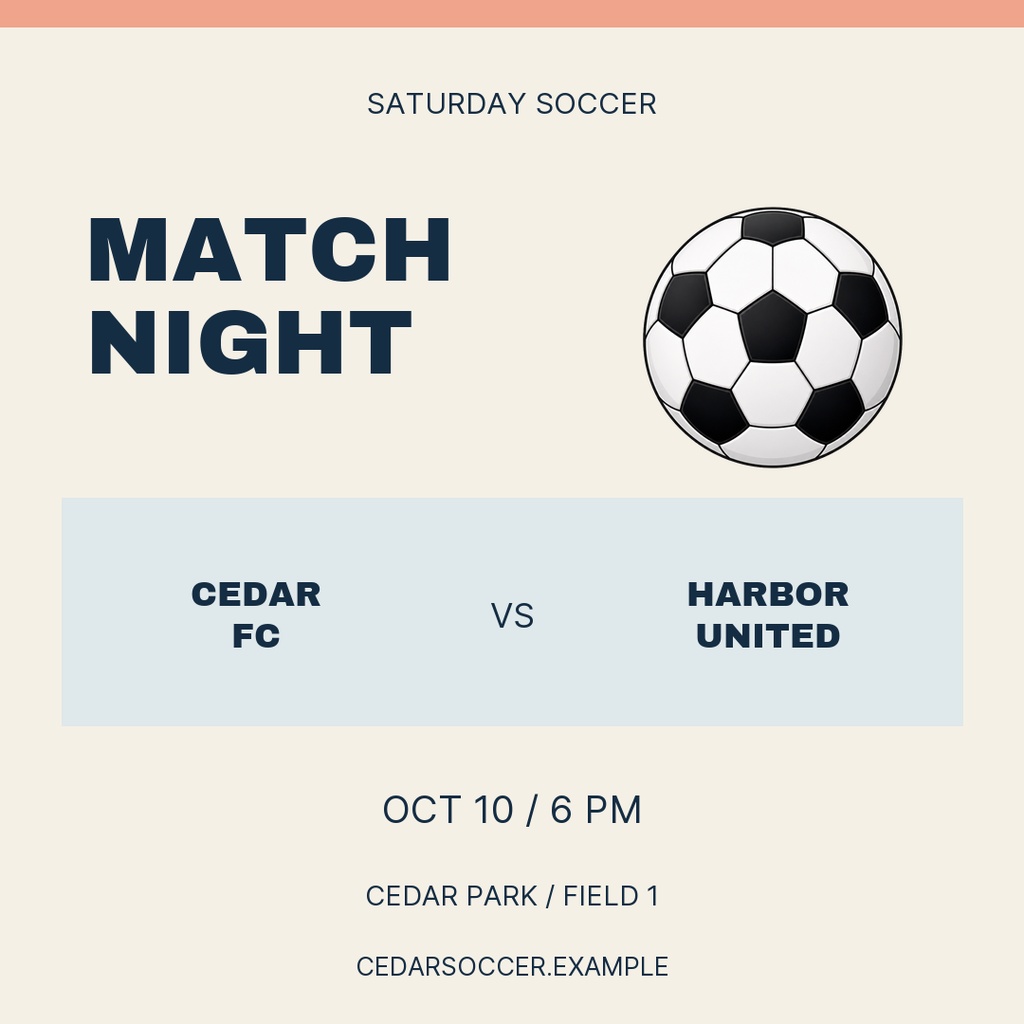 Square soccer match night post with a soccer ball, team names, and game time.