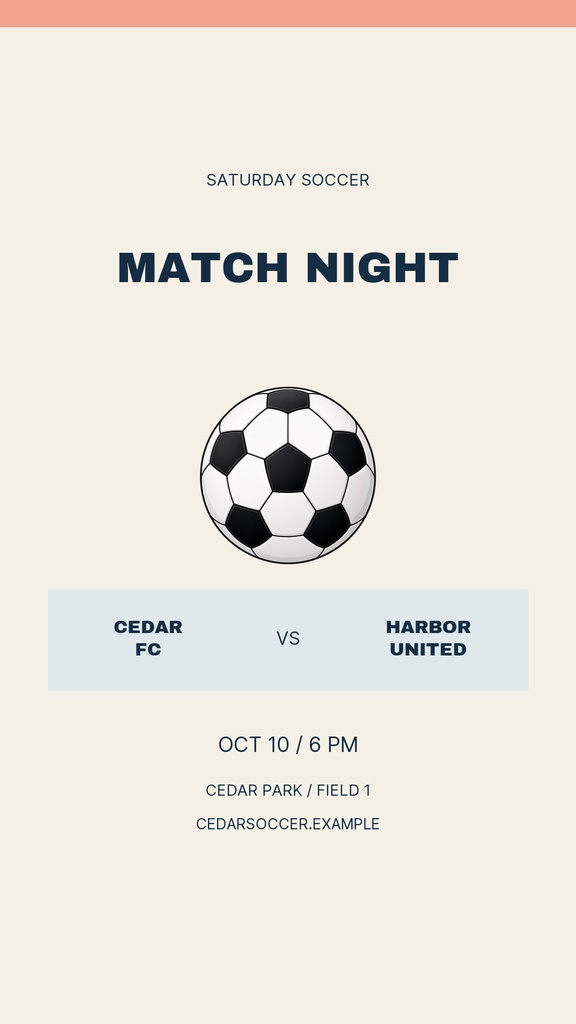 Vertical soccer story template with Match Night text and a soccer ball between two team names.