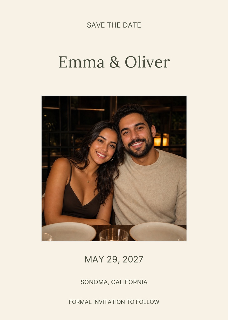 Ivory save the date template with couple photo, Emma and Oliver, and wedding details.