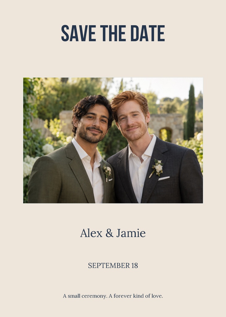 Portrait save the date card with a couple photo, names, date, and minimal beige layout.