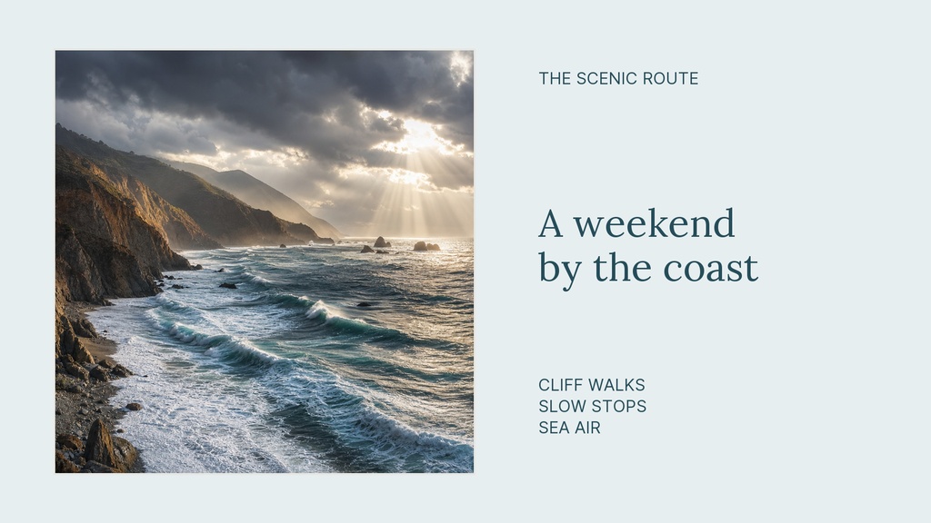 Minimal landscape graphic with a coastal road, waves, cliffs, and the text The Scenic Route.