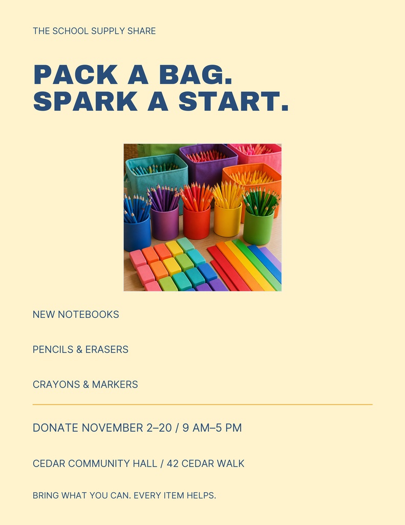 Portrait flyer with school supplies photo and text inviting donations for The School Supply Share.