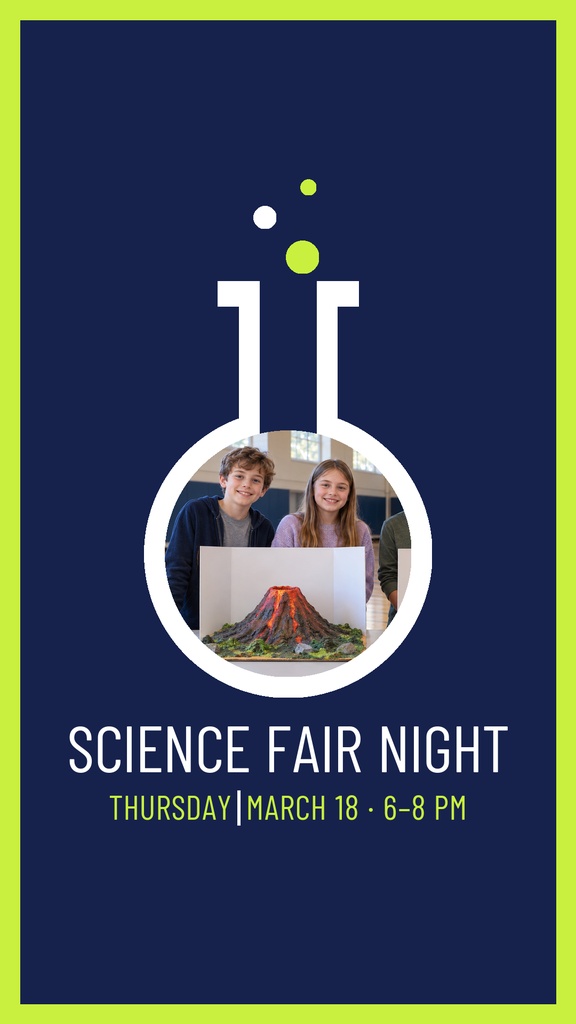 Portrait science fair night poster with lab flask graphic and student photo in the center.