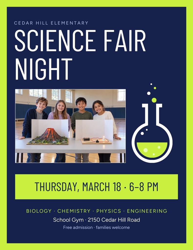 Portrait flyer with three students, science fair night text, and a chemistry flask graphic on a navy background.