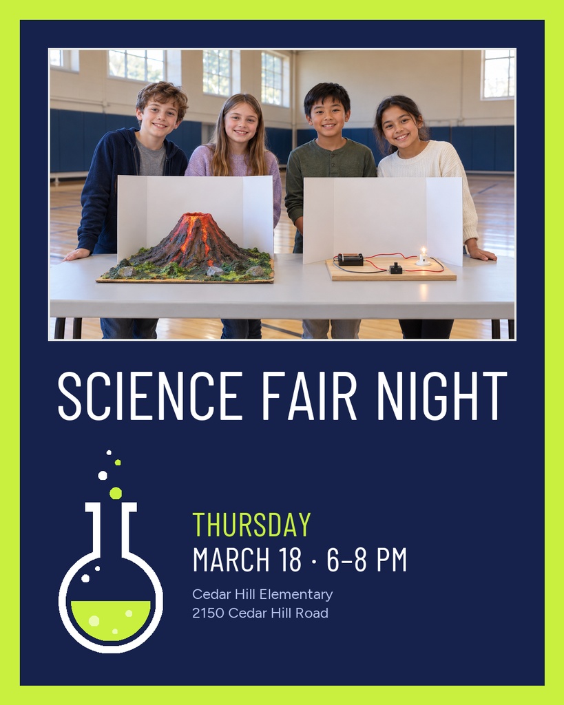Portrait school event poster with students holding science projects and a science fair night announcement.