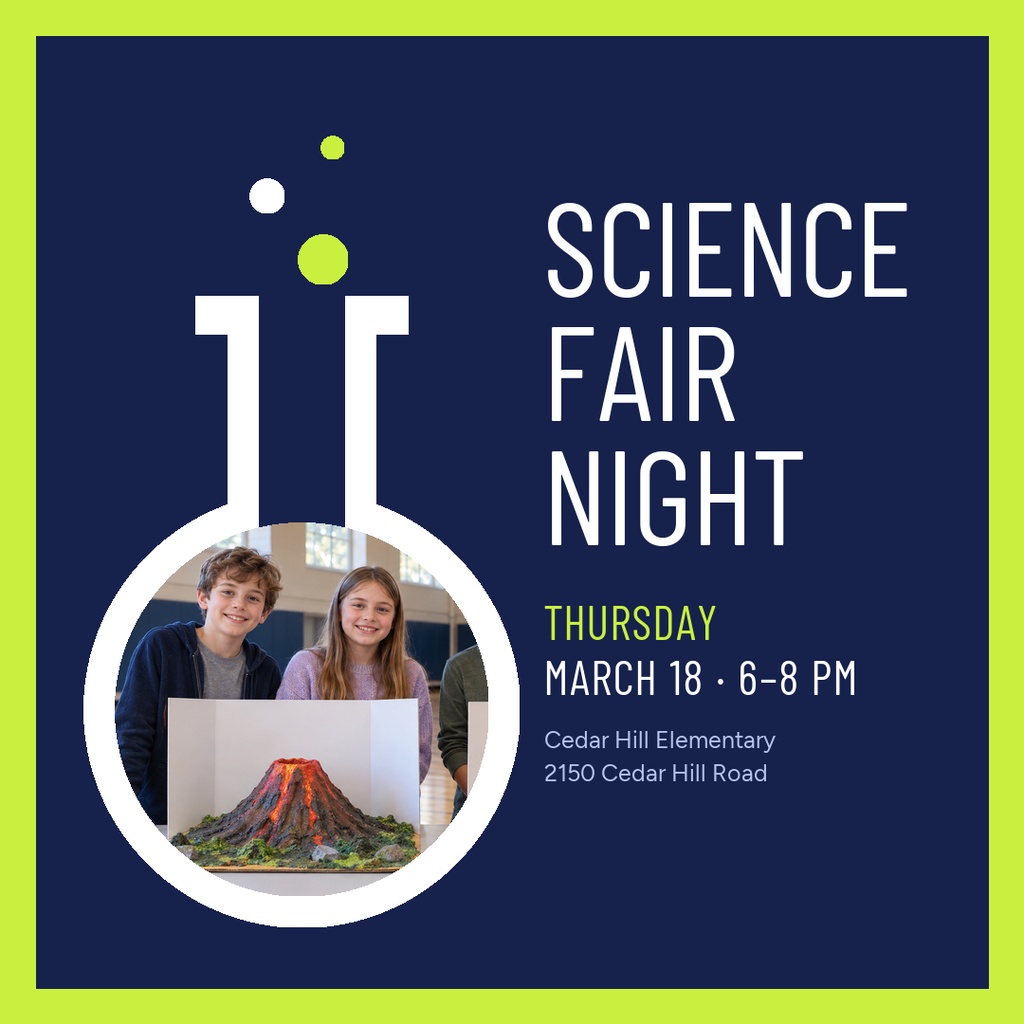 Square science fair night poster with a flask photo frame and event details on a dark blue background.