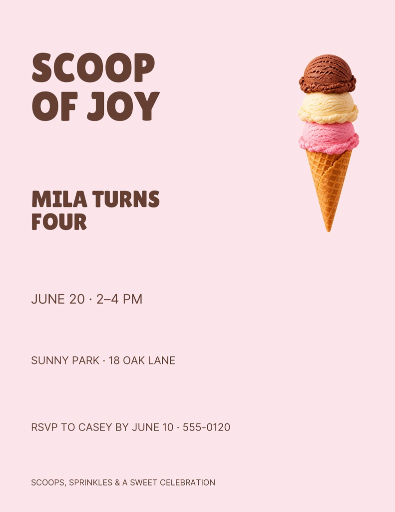 Pink portrait flyer with stacked ice cream cone and birthday party details.