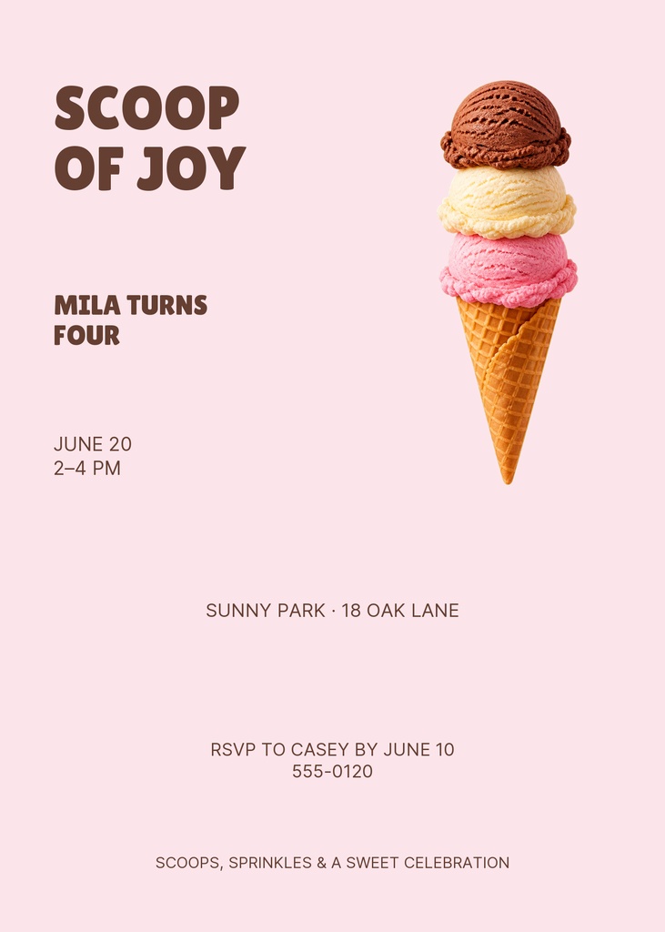 Portrait birthday invitation with a three-scoop ice cream cone and pink background.