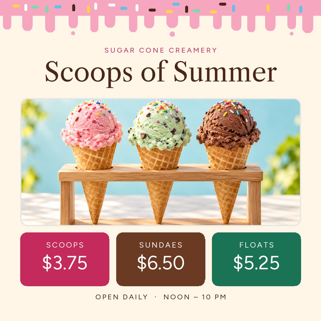 Ice cream menu template with three colorful scoops, prices, and a pink striped top border.