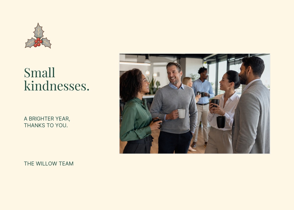 Minimal landscape holiday card with a team photo and the words Small kindnesses and A brighter year, thanks to you.
