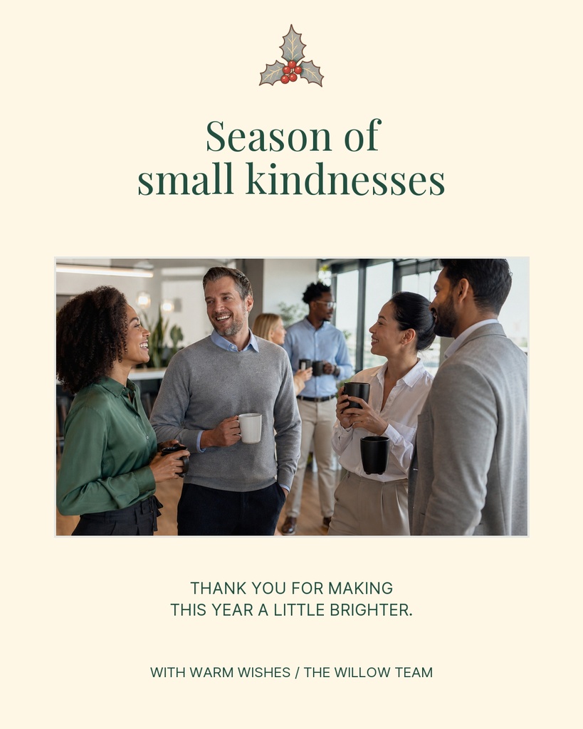 Portrait post with a small holly icon, centered headline, team photo, and thank-you message.