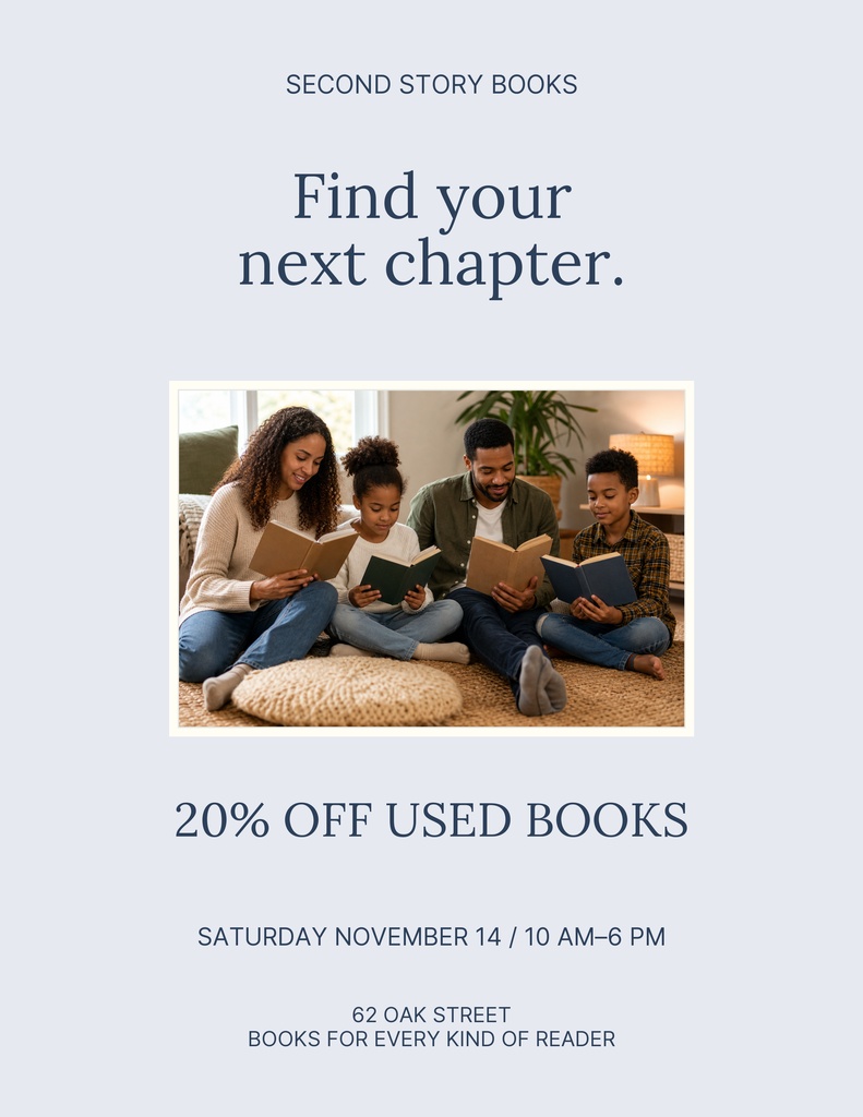 Portrait flyer for Second Story Books with a family reading, sale text, and event details.