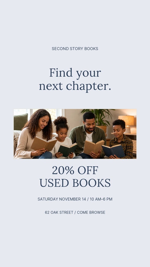 Portrait bookstore promo template with people reading, “Find your next chapter,” and 20% off used books text.