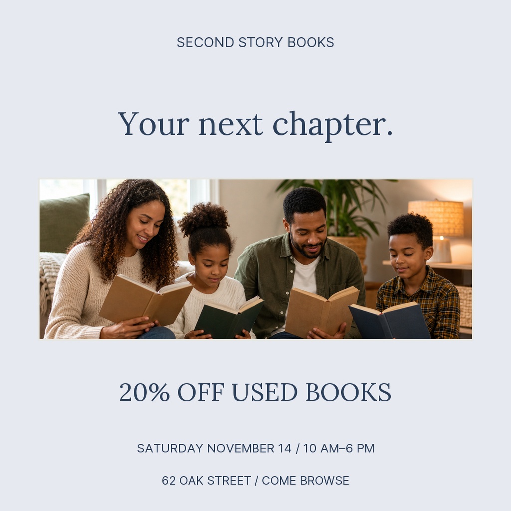 Square book sale post with a family reading and text about 20% off used books.