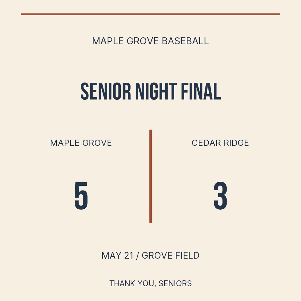 Square baseball score post with senior night final, team names, score numbers, and thank you seniors message.