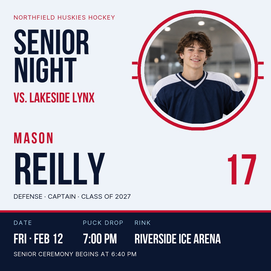 Hockey senior night square post featuring a player portrait, bold text, and game details