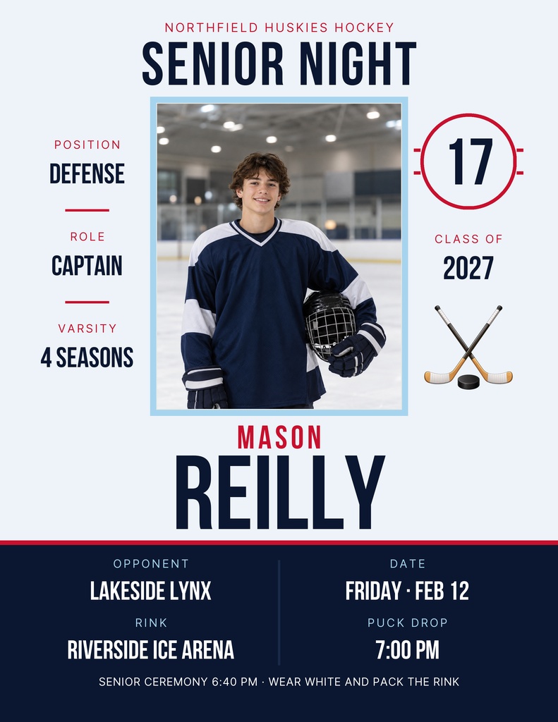 Hockey senior night flyer with player portrait, jersey number 17, and game details.