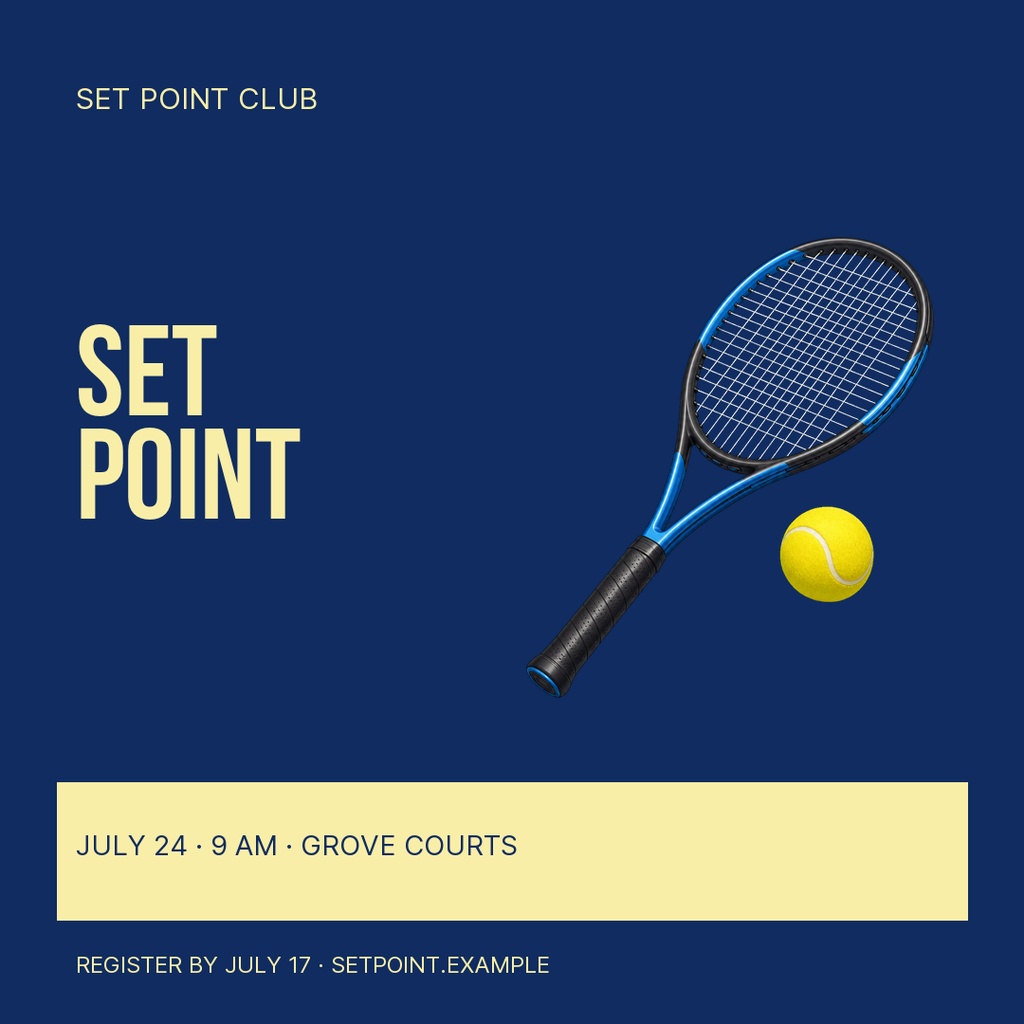 Blue tennis square post with racket, ball, and Set Point Club event details