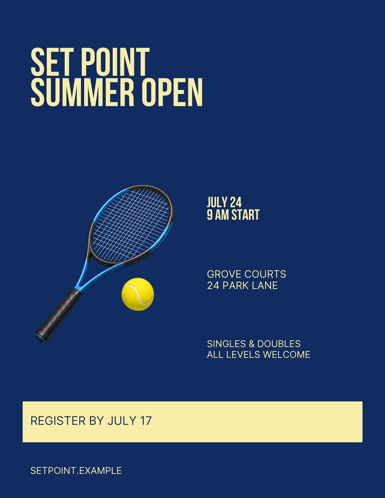 Portrait tennis flyer with a racket, tennis ball, and Set Point Summer Open text on a dark blue background.