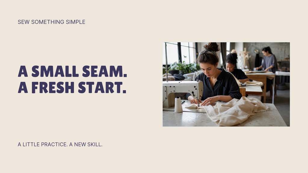 Sewing-themed landscape graphic with a woman sewing and bold text on a beige background.