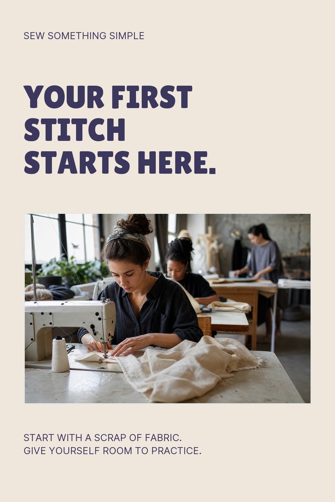 Portrait Pinterest pin template with sewing photo and bold text about starting your first stitch.