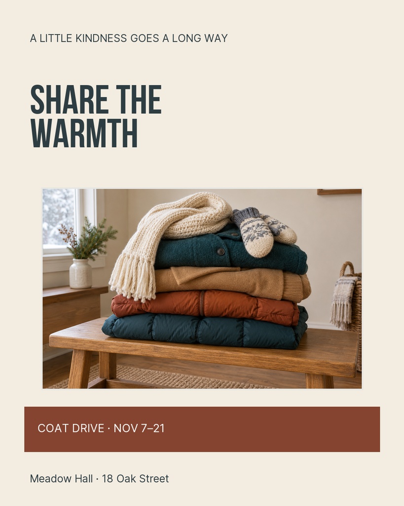 Portrait post with stacked winter clothes, a warm beige layout, and the headline Share the Warmth.