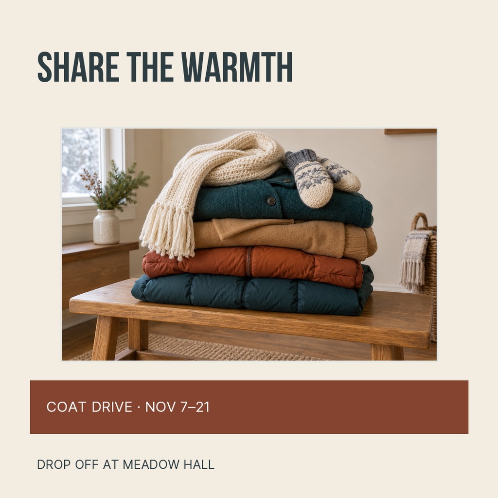 Stacked winter coats, scarf, and mittens on a bench with Share the Warmth text.