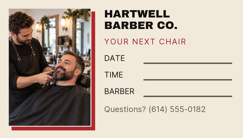 Barbershop appointment card with a barber trimming a client’s beard and empty text lines.