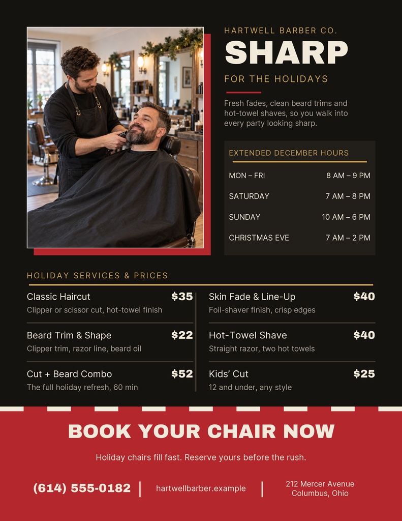 Barbershop flyer with a haircut photo, holiday headline, service prices, and booking details