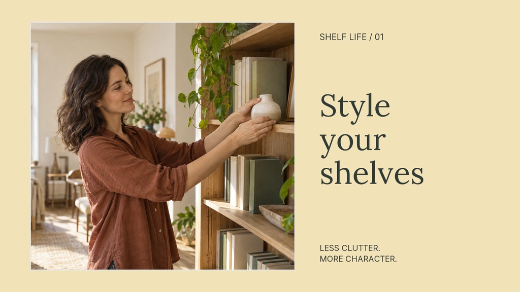 Woman arranging decorative objects on shelves beside the text Style your shelves.