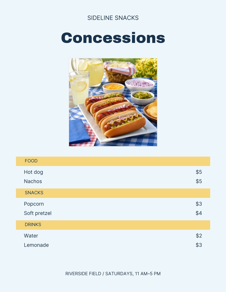 Portrait concessions menu with hot dogs, nachos, popcorn, soft pretzels, water, and lemonade.