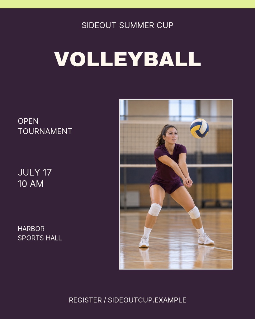Portrait volleyball tournament post with a player, bold volleyball title, and event details on a dark background.